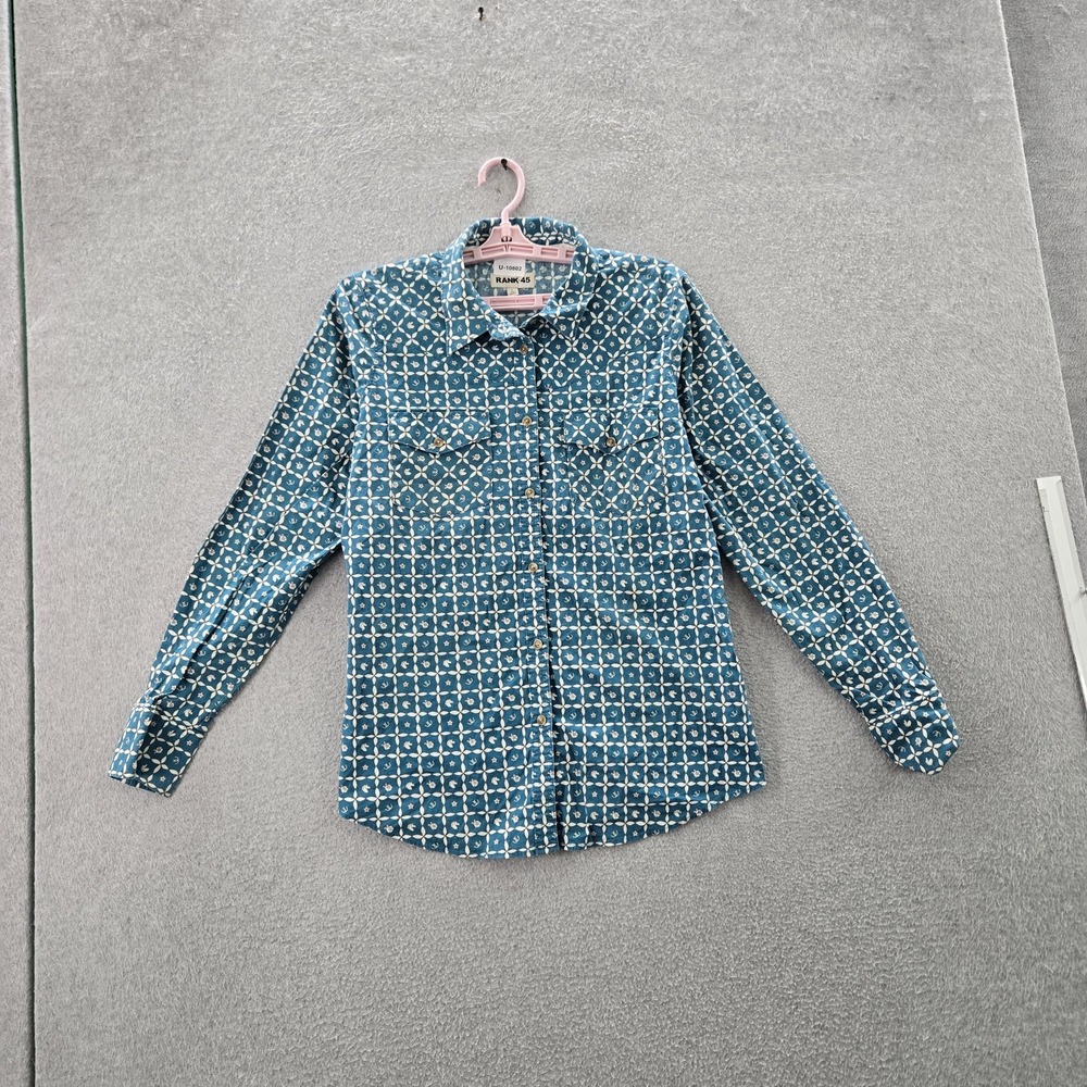 RANK 45 Women Button Up Shirt L Blue Floral Casual Long Sleeve READ